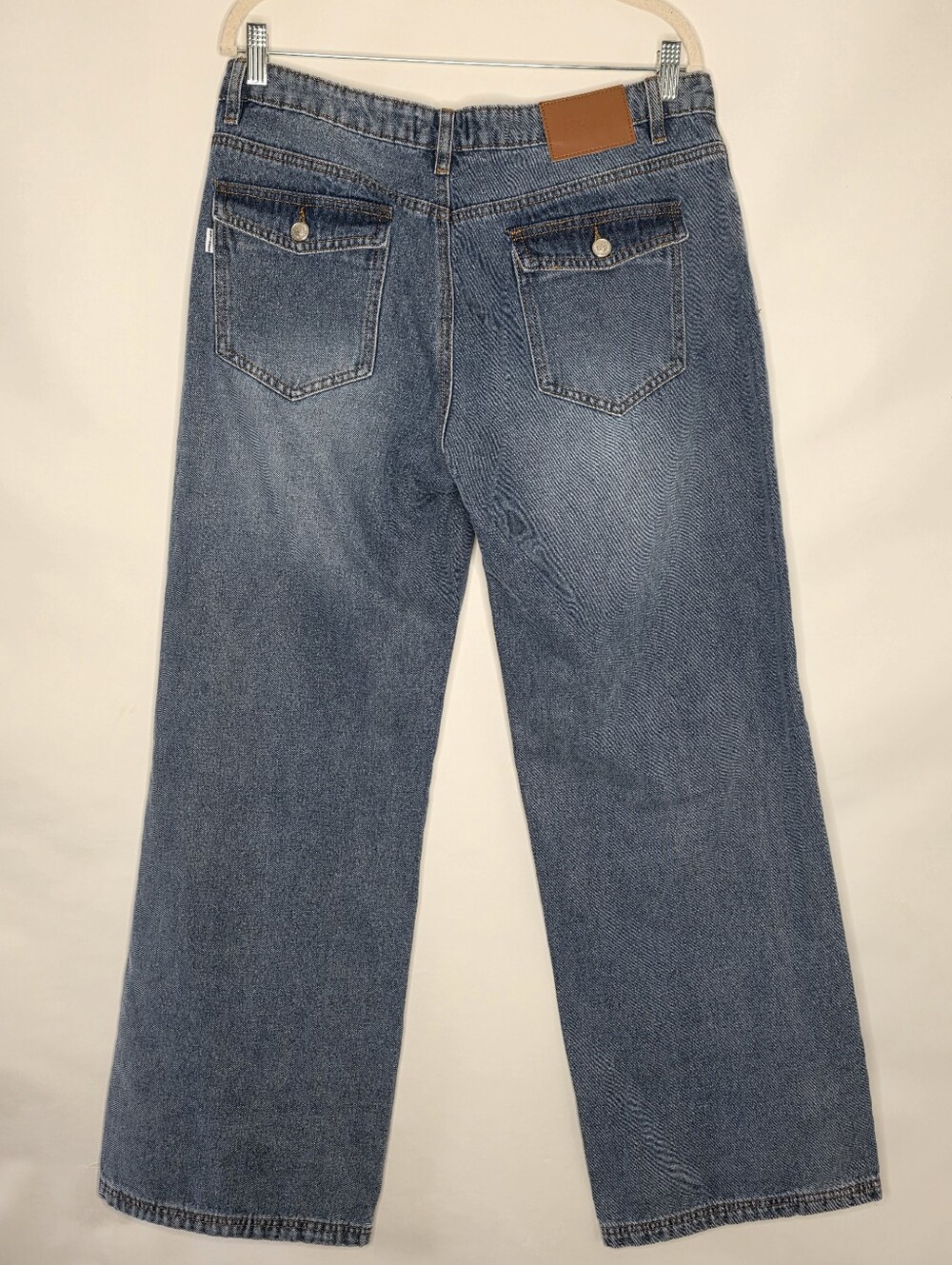 Princess Polly Wide Leg Jeans Size 10 Blue Relaxed Fit Button Flap Back Pockets